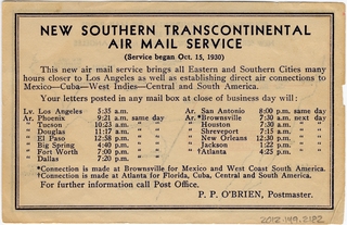 Image: timetable / route map: New Southern Transcontinental Air Mail Service