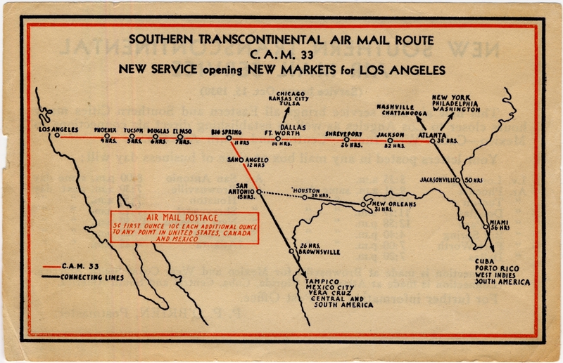 Image: timetable / route map: New Southern Transcontinental Air Mail Service