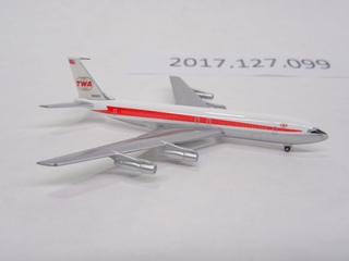 Image: miniature model airplane: TWA (Trans World Airlines), Boeing 707-300
