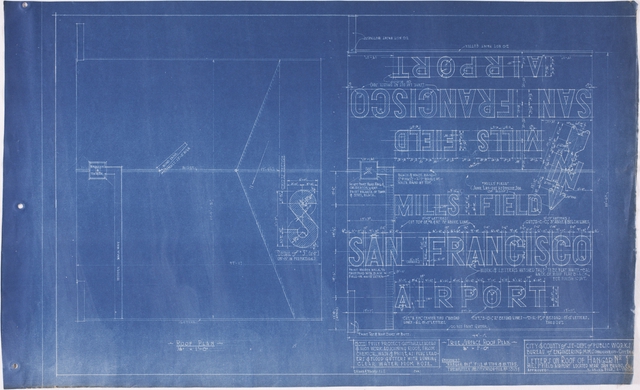 Architectural drawing: Mills Field Municipal Airport of San Francisco, Letters on Roof of Hangar No. 1