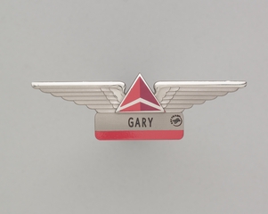 Image: flight attendant wings and name pin: Delta Air Lines, Gary
