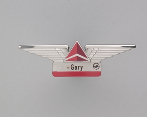 Image: flight attendant wings and name pin: Delta Air Lines, Gary