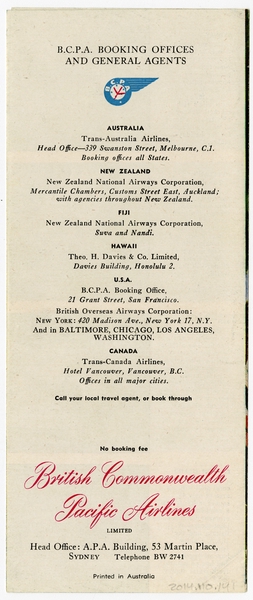 Image: brochure: British Commonwealth Pacific Airlines (BCPA)