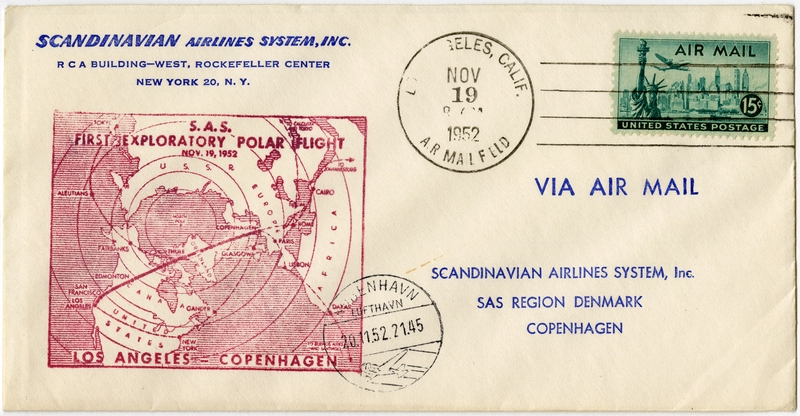 Image: airmail flight cover: SAS (Scandinavian Airlines System), first exploratory polar flight, Los Angeles - Copenhagen route