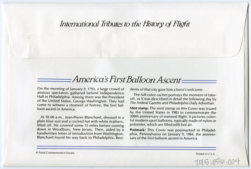 Image: airmail flight cover: America’s first balloon ascent commemorative