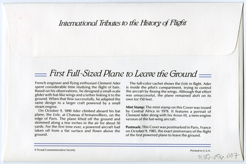 Image: airmail flight cover: First full-sized plane to leave the ground commemorative