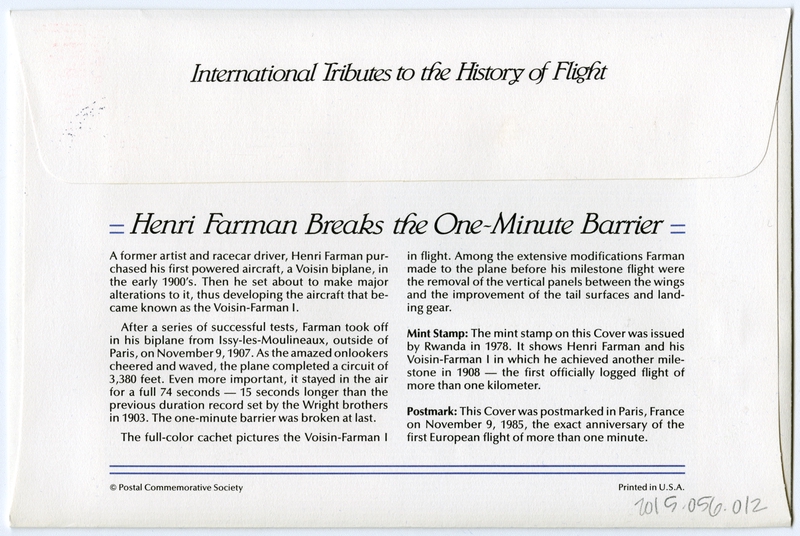 Image: airmail flight cover: Henri Farman breaks the one-minute barrier commemorative