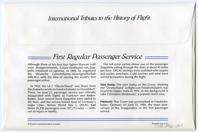 Image: airmail flight cover: First regular passenger service commemorative