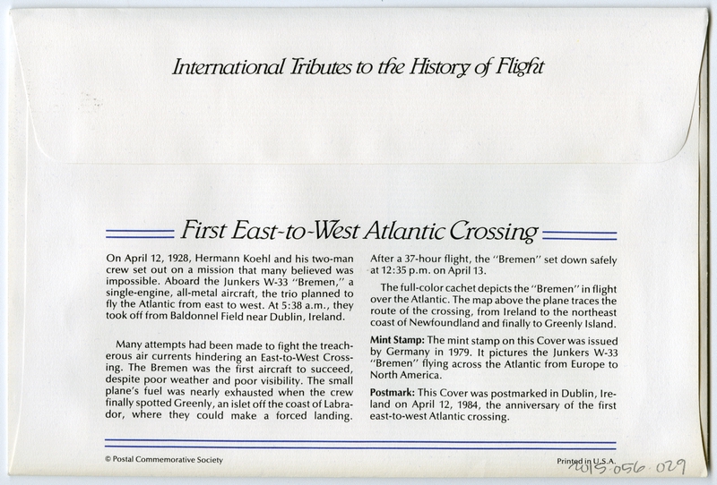 Image: airmail flight cover: First east-to-west Atlantic crossing commemorative
