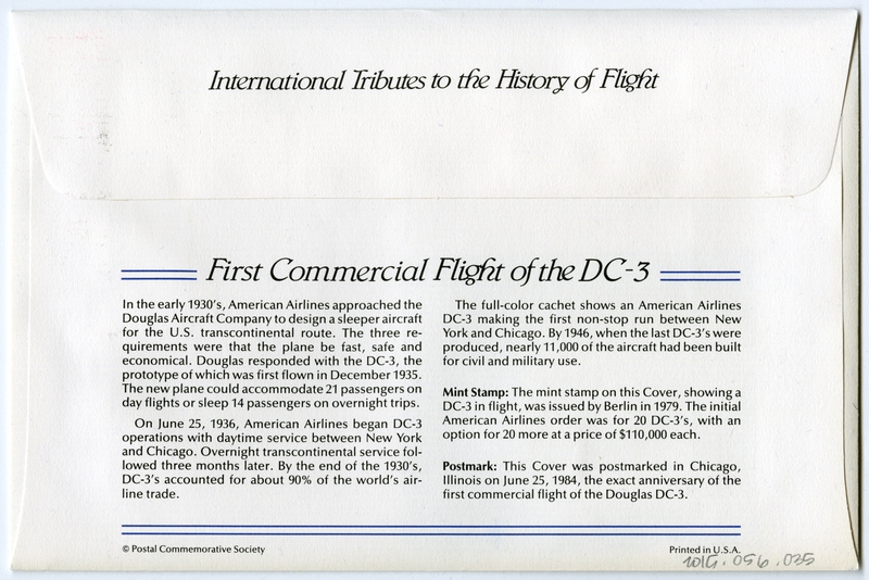 Image: airmail flight cover: First commercial flight of the DC-3 commemorative