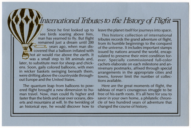 Airmail flight cover information: International Tributes to the History of Flight