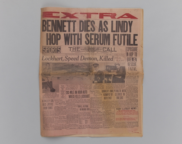 Newspaper section: “Bennett dies as Lindy hop with serum futile” [San Francisco Call, April 25, 1928]