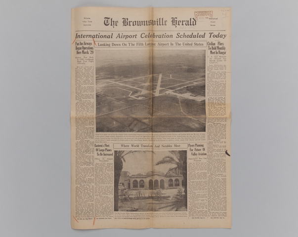 Newspaper section: “International airport celebration scheduled today” [Brownsville Herald, October 21, 1945]