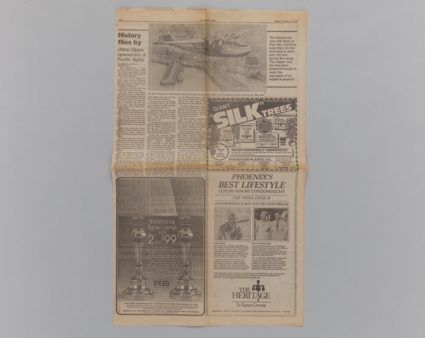 Article: “History flies by / China Clipper opened era of Pacific flights” [Arizona Republic, November 24, 1985]