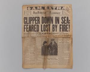 Image: newspaper section: “[Samoan] Clipper Down in Sea; Feared Lost by Fire!” [San Francisco Examiner, January 12, 1938]