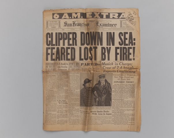 Newspaper section: “[Samoan] Clipper Down in Sea; Feared Lost by Fire!” [San Francisco Examiner, January 12, 1938]