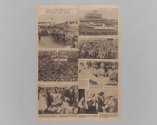 Newspaper clipping: San Mateo Times, San Francisco International Airport (SFO), Terminal Building opening day celebration