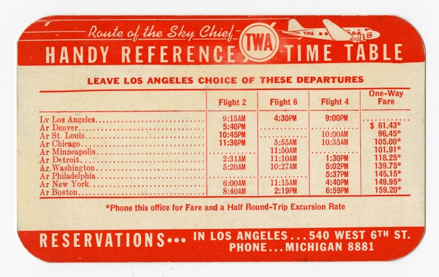 Timetable: Transcontinental & Western Air, pocket schedule
