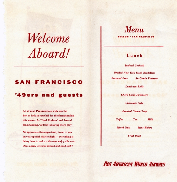 Image: menu: Pan American World Airways, San Francisco 49ers, Clementine the Mule mascot