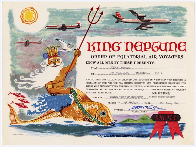 Souvenir certificate: Qantas Empire Airways, equatorial crossing