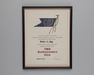 Image: mileage program certificate: TWA (Trans World Airlines), Ambassador Club for Robert L. May