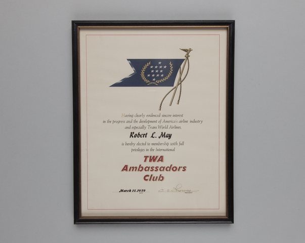 Mileage program certificate: TWA (Trans World Airlines), Ambassador Club for Robert L. May