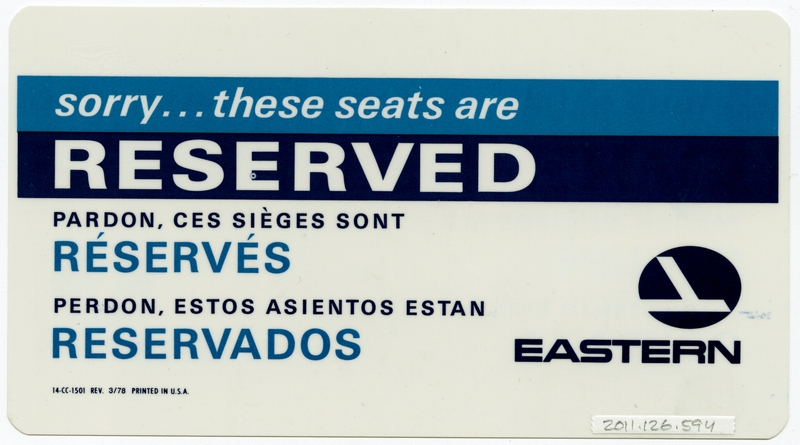 Image: seat occupied card: Eastern Air Lines