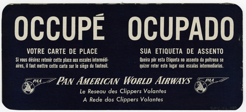 Image: seat occupied sign: Pan American World Airways