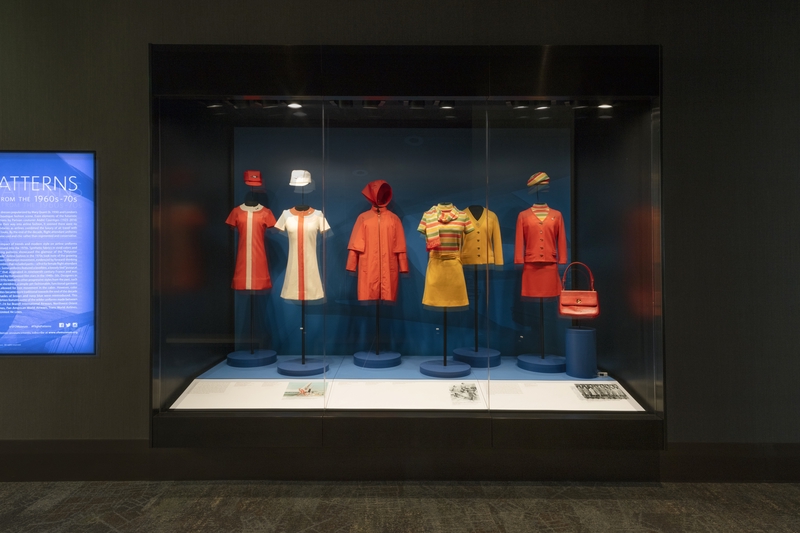 Image: Installation view of "Flight Patterns: Airline Uniforms from the 1960s–70s"