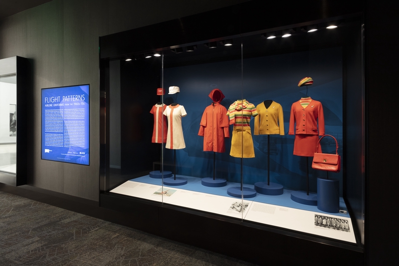 Image: Installation view of "Flight Patterns: Airline Uniforms from the 1960s–70s"