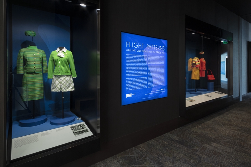 Image: Installation view of "Flight Patterns: Airline Uniforms from the 1960s–70s"