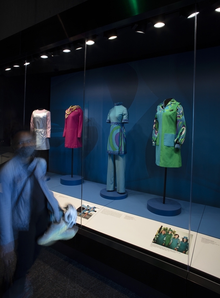 Image: Installation view of "Flight Patterns: Airline Uniforms from the 1960s–70s"