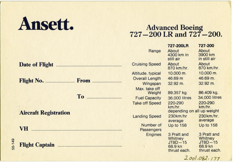 Image: aircraft information card: Ansett Airlines, Boeing 727-200