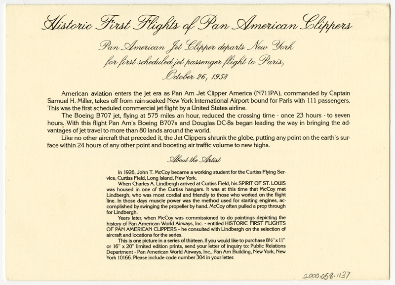 Image: menu: Pan American World Airways, Historic First Flights series, Boeing 707