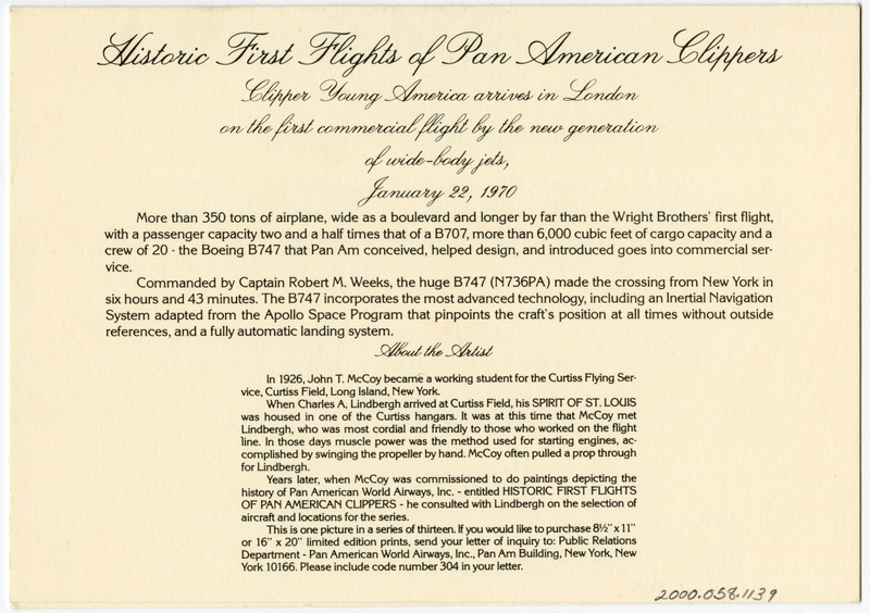 Image: menu: Pan American World Airways, Historic First Flights series, Boeing 747