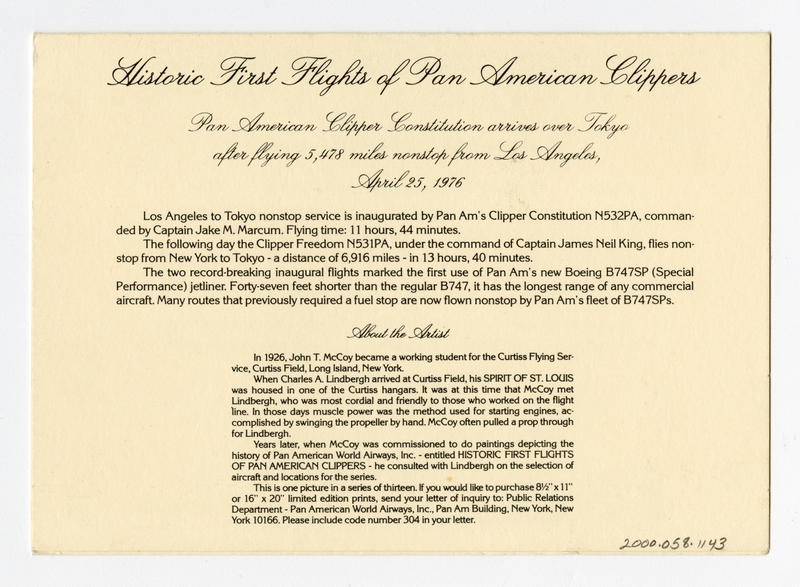 Image: menu: Pan American World Airways, Historic First Flights series, Boeing 747SP