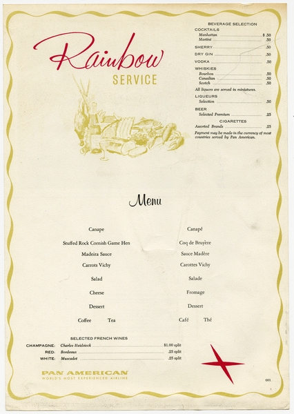 Image: menu: Pan American World Airways, Rainbow (economy) class