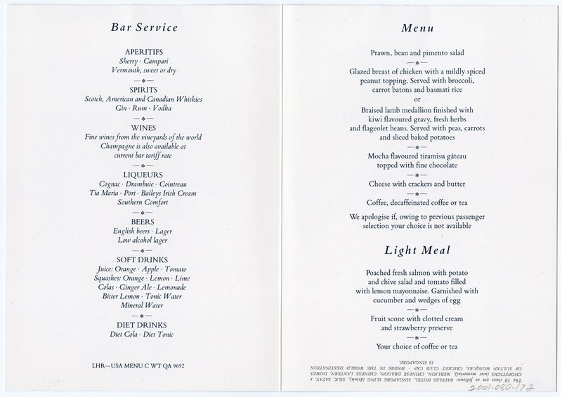 Image: menu: British Airways, World Traveller class