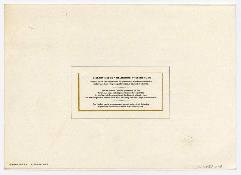 Image: menu: Pan American World Airways, Rainbow (economy) class