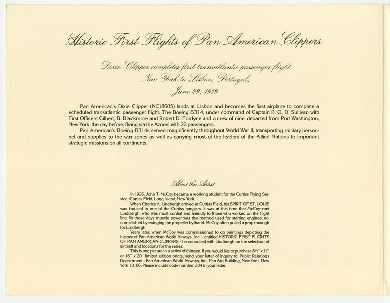 Image: menu: Pan American World Airways, Historic First Flights series, Boeing 314