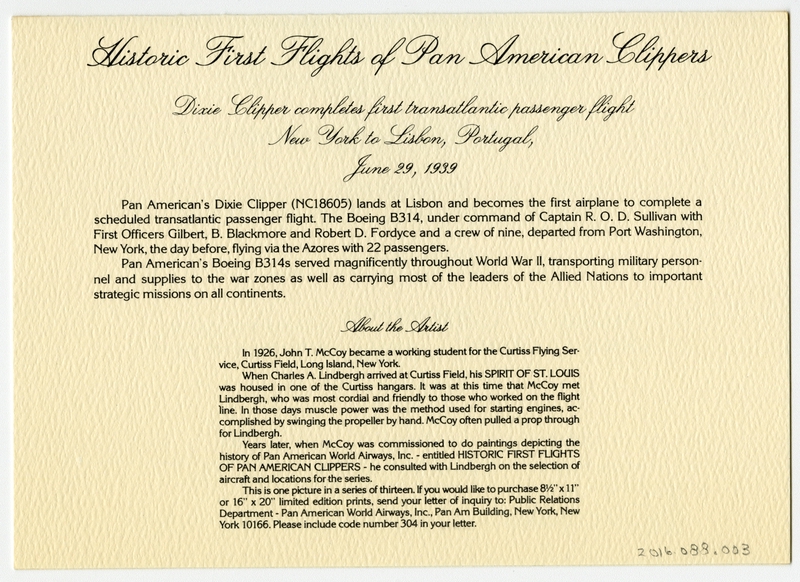 Image: menu: Pan American World Airways, Historic First Flights series, Boeing 314