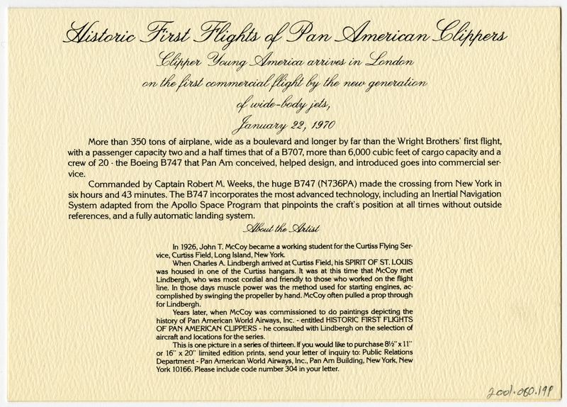 Image: menu: Pan American World Airways, Historic First Flights series, Boeing 747