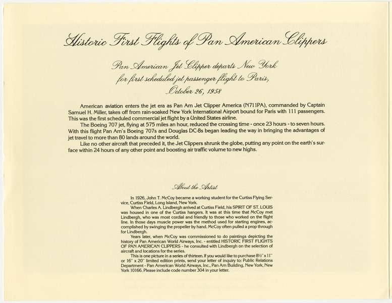 Image: menu: Pan American World Airways, Historic First Flights series, Boeing 707