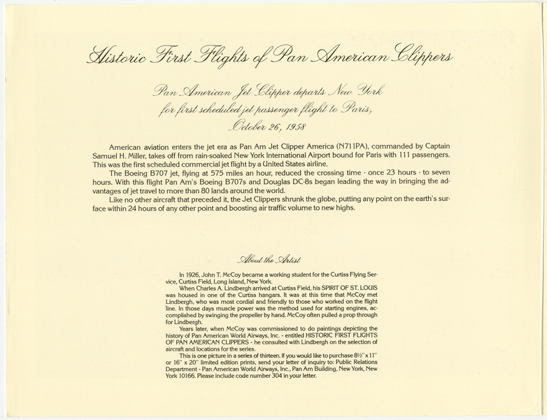 Image: menu: Pan American World Airways, Historic First Flights series, Boeing 707