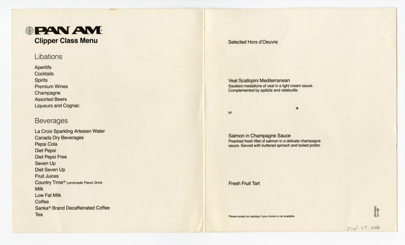 Image: menu: Pan American World Airways