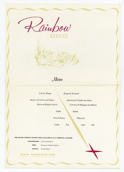 Image: menu: Pan American World Airways, Rainbow (economy) class