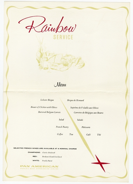 Image: menu: Pan American World Airways, Rainbow (economy) class