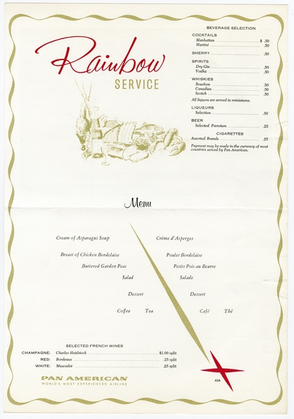 Image: menu: Pan American World Airways, Rainbow (economy) class