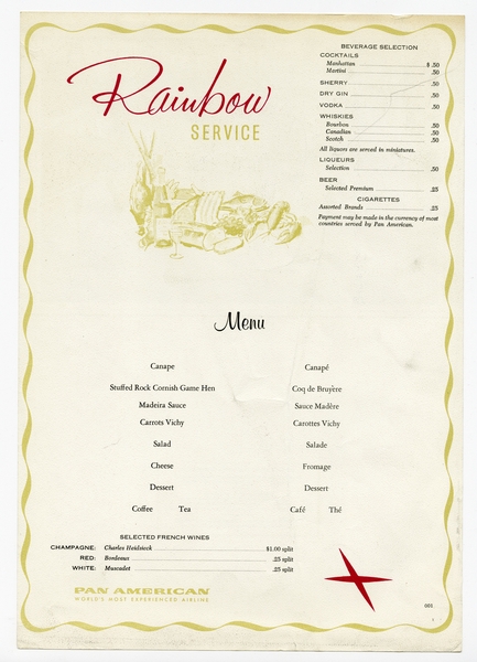 Image: menu: Pan American World Airways, Rainbow (economy) class