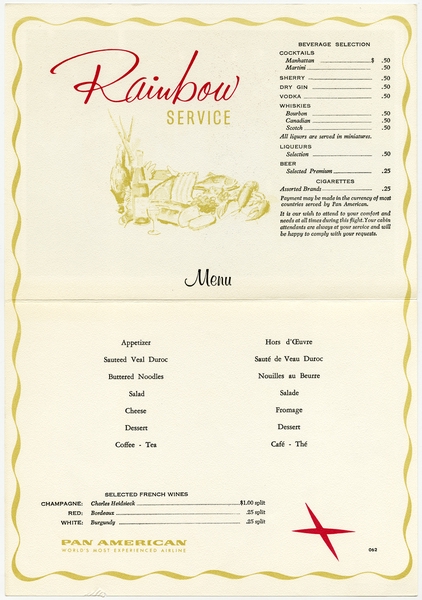 Image: menu: Pan American World Airways, Rainbow (economy) class